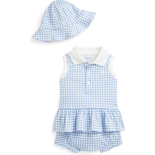 Cotton Gingham Polo, Bloomers & Sun Hat Set, 3M