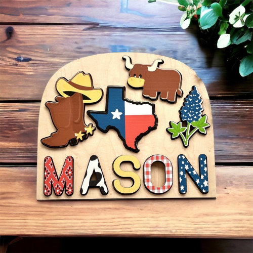 Texas themed puzzle, name puzzle for kids, themed name puzzle, personalized wooden name puzzle for kids