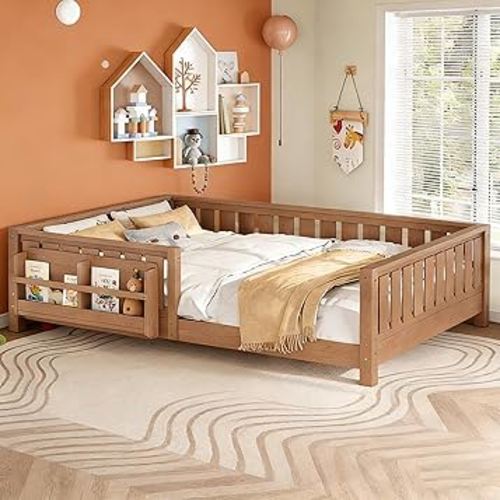 Bellemave Twin Size Kids Montessori Floor Bed Frame with Bookshelf and Guardrail,Solid Wood Floor Bed Frame with Slats for Girls Boys,Low-Profile,Natural