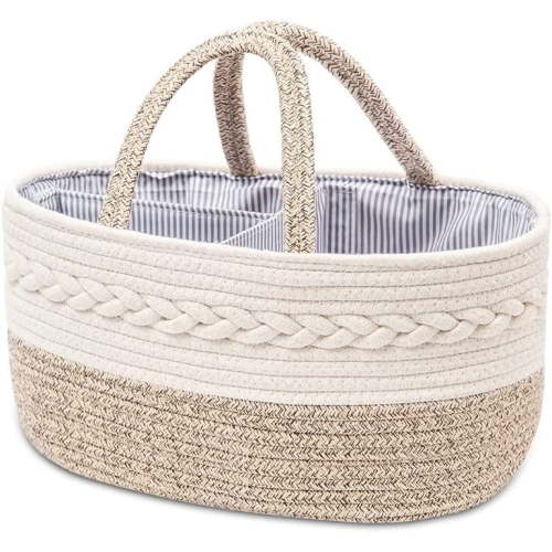 Baby Diaper Caddy Organizer, Portable Nursery Storage Basket with Changeable Compartments, 100% Cotton Woven Rope Baskets, Car & Changing Table Tote, Newborn Gift