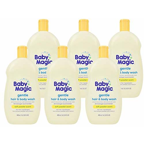 Baby Magic Gentle Hair Body Wash 16.5oz Pack of Calendula Oil Coconut Oil, Yellow, Soft Powder Scent, 6 Count