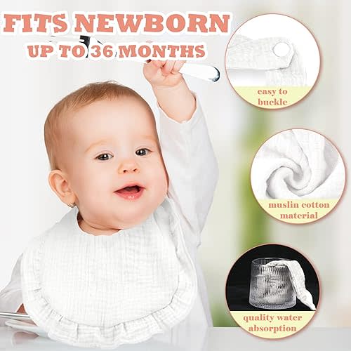 Seematn 10 Pcs Baby Muslin Bibs Drool Bibs Bandana Ruffle Soft Cotton for Newborn Baby Infants Girl Teething Toddlers Boy(White)
