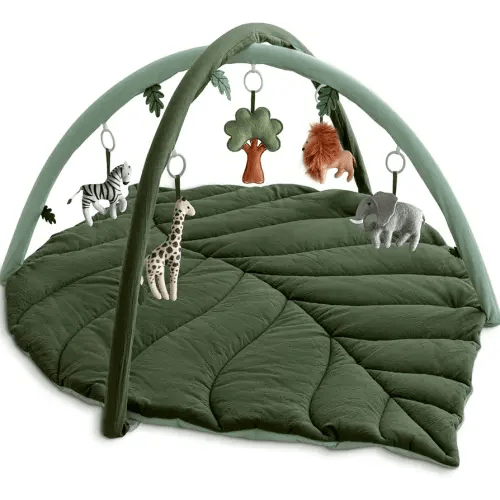 Baby Play Gym with Mat Leaf Shaped, Baby Play Mat with 6 Hanging Toys Tummy Time Mat, Baby Gym Activity Center, Washable (Green)