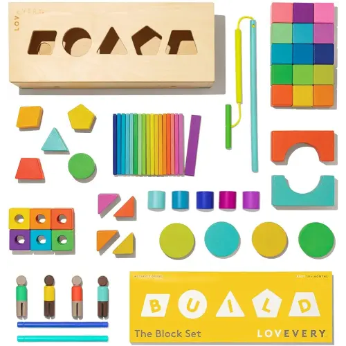 LOVEVERY | The Block Set | Solid Wood Building Blocks and Shapes + Wooden Storage Box, 70 Pieces, 18 Colors, 20+ Activities, Toddler Block Set and Converts into a Pull Car, Ages 12 to 48+ months