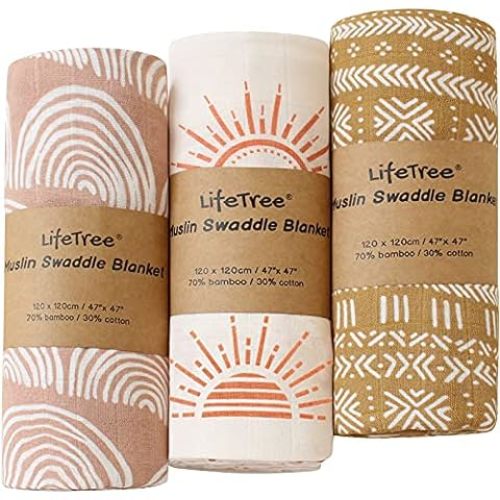 Little Jump 3 Pack Muslin Swaddle Blankets -Boho Baby Blanket for Boys & Girls- Large 47 x 47 inches Receiving Blanket Neutral (3 Pack Sunshine & Moon)