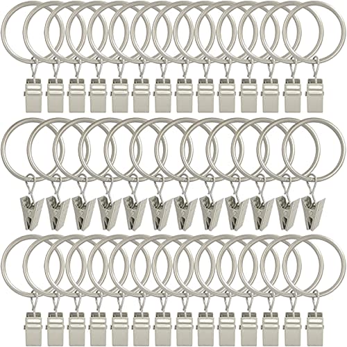 AMZSEVEN 40 Pack Curtain Rings with Clips, Drapery Clips with Rings, Drapes Rings 1.26 in Interior Diameter, Fits up to 1 in Curtain Rod, Matte Silver