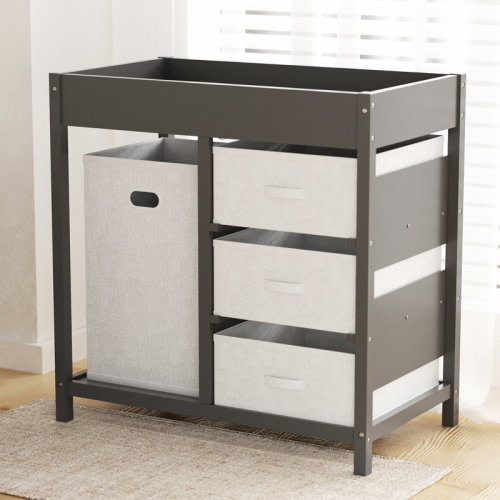 Ebern Designs Wooden Changing Table for Baby With Fabric Laundry Hamper and drawers | Wayfair
