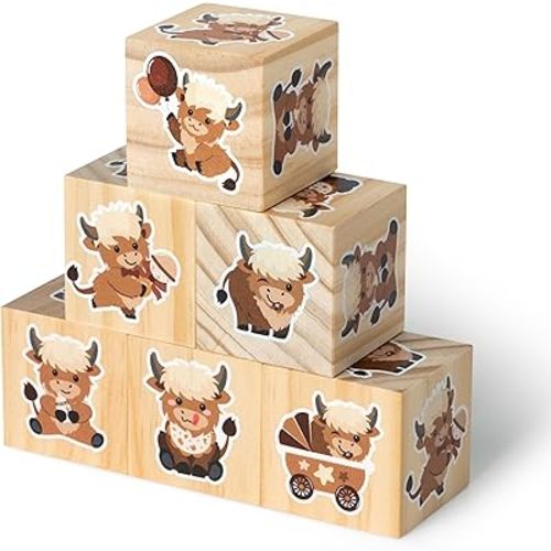 R HORSE 6Pcs Highland Cow Baby Wooden Decoration, Animal Themed Wood Blocks for Boys Girls Baby Shower Table Centerpieces, Watercolor Shelf Decor for Nursery Bedroom Playroom