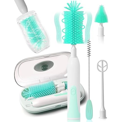 Electric Baby Bottle Brush Travel Set with Automatic Spinning Bottle Brush,Electric Bottle Brush Cleaner,Straw Brush and Electric Milk Frother,Essentials Gift for Mom After Birth (Green)