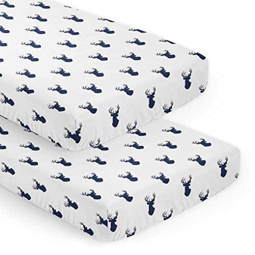 Sweet Jojo Designs Navy Blue White Woodland Deer Boy Baby Fitted Crib Sheet Set Nursery Soft Infant Newborn Fits Standard Mattress or Toddler Bed - 2pc - Forest Animal Stag Antler