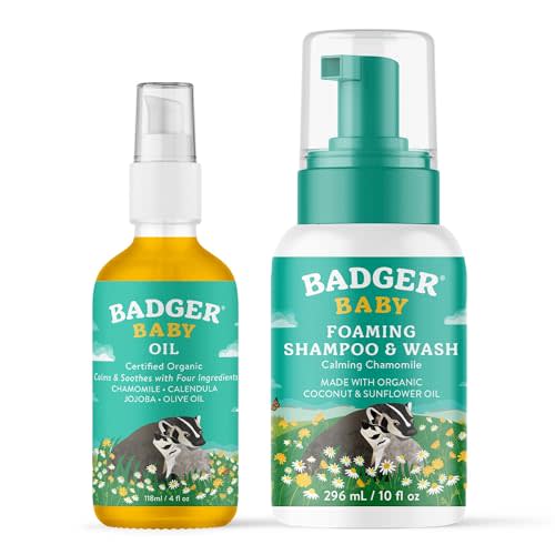 Badger Baby Oil and Baby Wash Bundle - Baby Oil with Chamomile and Calendula, Baby Wash Calming Chamomile - All Organic and Gentle for Newborn or Toddler