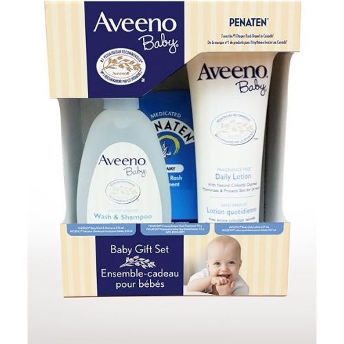Aveeno Baby Gift Set With Baby Wash And Shampoo 236 mL, Baby Daily Moisturizing Lotion 227 mL and Penaten Diaper Rash Cream 113g