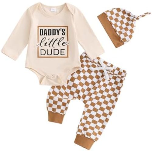 Newborn Baby Boy Outfits Long Sleeve Letter Print Romper Checkerboard Pants Hat Sets Infant Boy Fall Winter Clothes