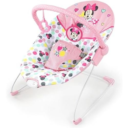 Bright Starts Disney Baby Minnie Mouse Baby Bouncer Soothing Vibrations Plush Infant Seat - Removable Toy Bar, Nonslip Feet, 0-6 Months Up to 20 lbs (Spotty Dotty)