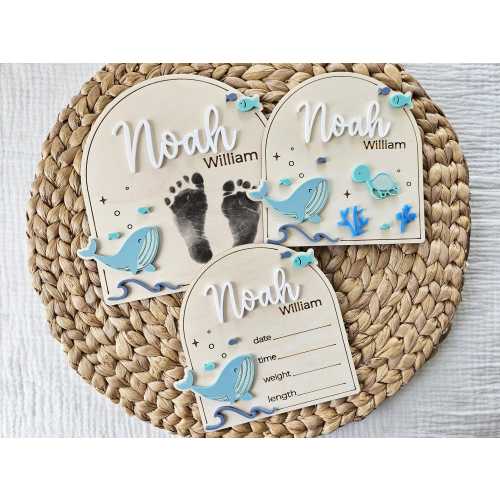 Ocean Baby Name Sign | Under the Sea Newborn Birth Announcement Name Plaque | Whale Baby Arrival Hospital Sign | Newborn Footprint Plaque