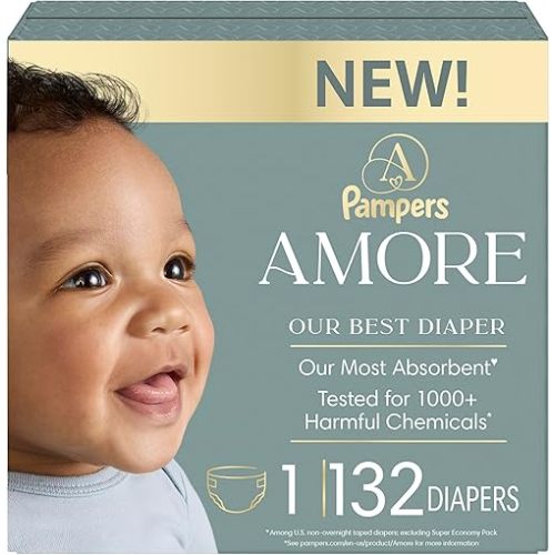 Pampers Amore, Size 1 (8-14 lbs), 132 Count, Our Best Diaper – Hypoallergenic & Fragrance Free, Up to 100% Leakproof, Soft as Cashmere