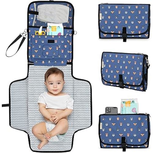 KeaBabies Portable Diaper Changing Pad - Large Waterproof Baby Changing Mat, Compact Travel Diaper Clutch, Functional Pockets Fit Newborn Essentials, Wipeable & Padded Baby Changer (Pets & Paws)