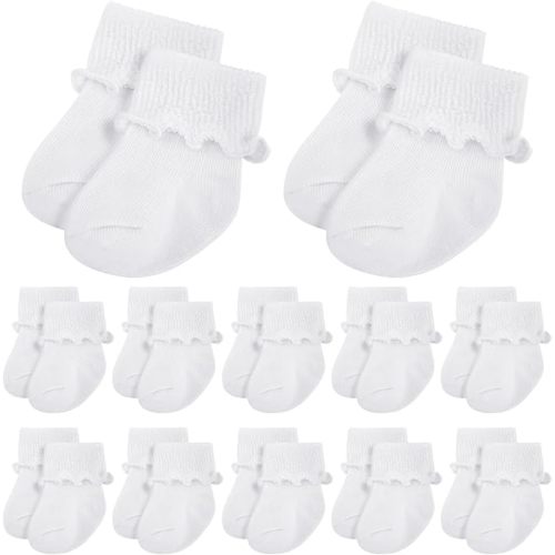 Toulite 12 Pairs Preemie Newborn Baby Ankle Socks Ruffle Turn Cuff Cotton Non-slip Warm Socks for Girls and Boys Infant