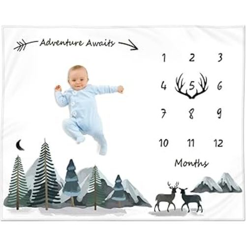 Milestone Blanket for Baby Boy – Monthly Baby Blanket, Growth Tracker for Newborn, Woodland Nursery Decor, Mountain Adventure Theme, Includes Felt Frame, 50x40 Inches