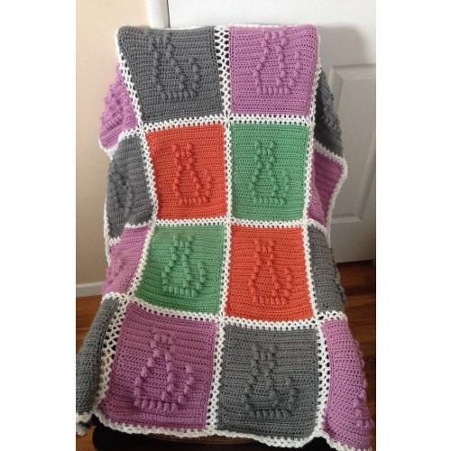 Baby Blanket Crocheted - Cat Theme - Kitty Cat Theme - Gray, Orange, Purple Green - Handmade - Free Shipping