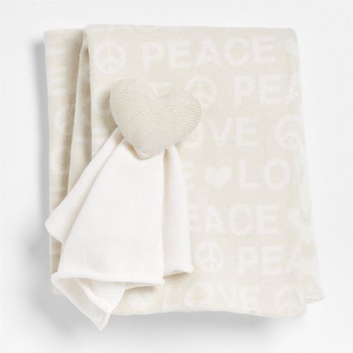 Peace and Love Cream Baby Lovey and Stroller Blanket Set