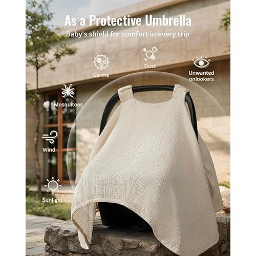 Blissful Diary 2-in-1 Muslin Baby Car Seat Cover, Multi-use Nursing Cover for Breastfeeding, Breathable Infant Car Seat Cover Canopy - Beige