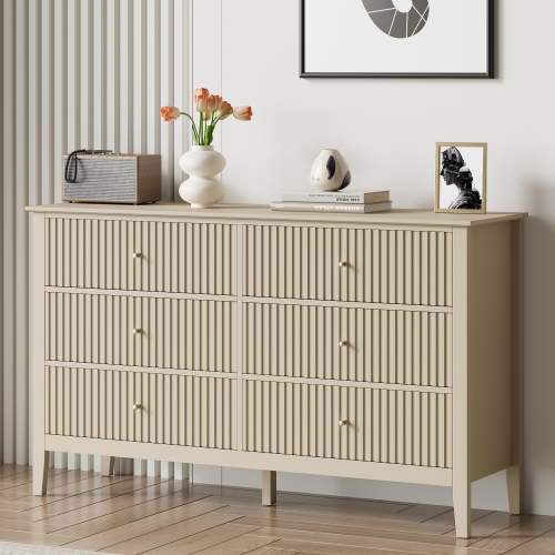 May Color Beige 6 Drawer Dresser, Fluted Modern Wood Chest of Drawers, Long Dresser for Bedroom TV Stand Storage Cabinet for Living Room (New upgrade)