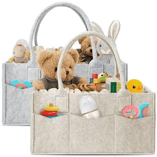 HIPHOP PANDA 2-Pack Diaper Caddy Organizer - Newborn Essentials Baby Registry Must Haves - Sturdy Nursery Storage Bin & Portable Car Caddy for Diapers & Wipes - Grey/Oatmeal Gift Set