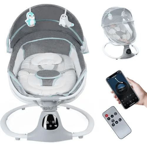 Electric Baby Swing for Infants to Toddler, Portable Swing Baby Rocker with 5 Point Harness, 5 Sway Speed, Bluetooth,12 Preset Lullabies with Remote Control, Infant Swing for Baby Boys & Girls, Grey