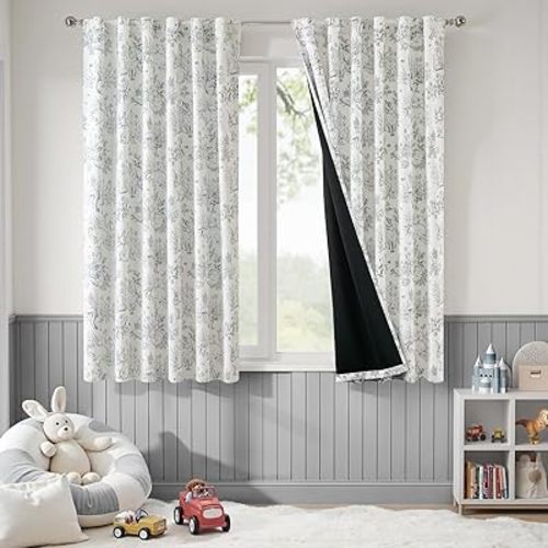 jinchan 95% Blackout Nursery Curtains 63 Inches Long, Bunny Woodland Toile Easter Decor Curtains Grey on Beige Animal Printed Drapes for Bedroom Spring Decoration Farmhouse Window Treatment 2 Panels