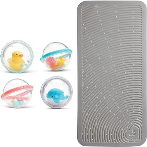 Munchkin® Soft Spot™ Cushioned Bath Mat for Kids, Grey & ® Float & Play Bubbles™ Baby and Toddler Bath Toy, 4 Count