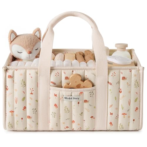 Blissful Diary Woodland Diaper Caddy Organizer, Stylish Nursery Storage Basket, Gift for Baby Shower, Newborn Essentials, Woodland Cream