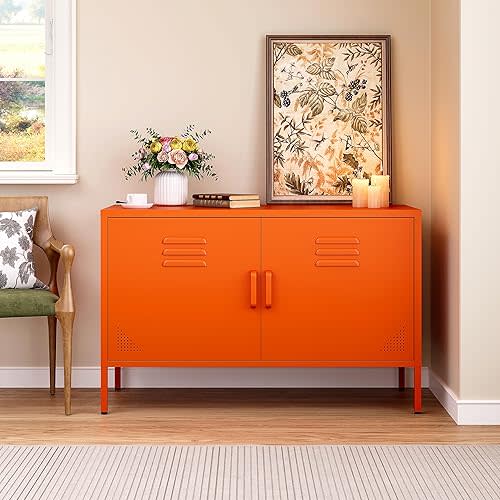 SISESOL Orange Metal Storage Cabinet with Doors and Shelves,2 Door Wide Metal Locker Accent Storage Cabinet with Leg & Vent Hole,Wide TV Cabinets,Low Side Cupboard for Home,Office,Dining/Living Room