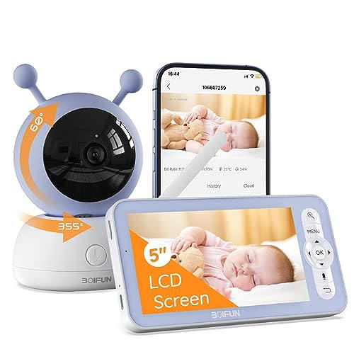 BOIFUN 5" Baby Monitor, 1080p WiFi Baby Monitor Via Screen and App Control, Video Record & Playback, Temper & Humidity Sensor, Night Vision, 2-Way Audio, Motion&Sound Detection, with Wall Mount Base