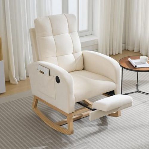 Modern Nursery Rocking Chair, Comfortable Rocker Recliner with Side Pocket, Footrest, Mid Century Upholstered Rocker Glider for Living Room, Bedroom