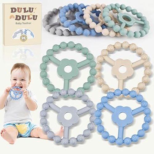 4 Pack Silicone Baby Teething Toys, Teething Rings for Babies 0-6 6-12 Months Newborn Baby Teethers Boy Relief Soothe Baby's Gums Infant Toys Gifts Baby Boys Girls Blue Green