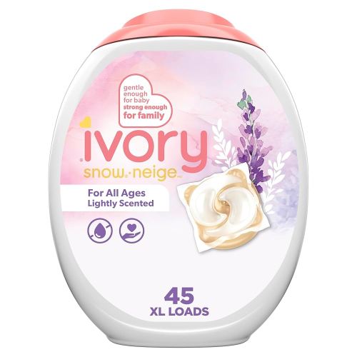 Ivory Snow Laundry Detergent Pacs, For All Ages, Hypoallergenic, Lightly Scented for Sensitive Skin, Lavender, HE Compatible, 45 Count