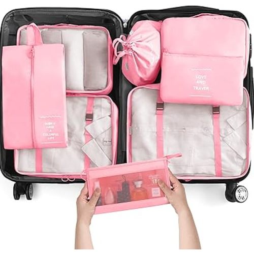 KPX 8 Set Packing Cubes for Travel, Luggage Packing Organizers Accessories Large Toiletries Bag for Clothes Shoes Cosmetics (Pink)