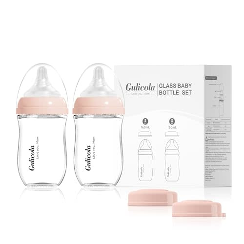 Gulicola Natural Glass Baby Bottle for Breastfeeding Babies, Newborn Anti-Colic Bottle Set with Slow Flow Nipple, 0-3 Months, 5 oz, 2 Pack - Pink