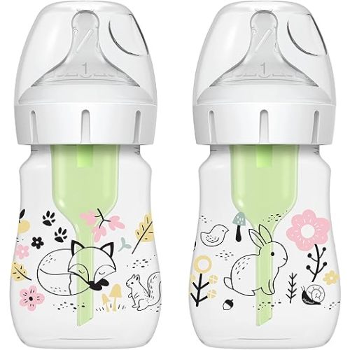 Dr. Brown’s Natural Flow® Anti-Colic Options+™ Wide-Neck Baby Bottle Designer Edition Bottles, Woodland Decos, 5 oz/150 mL, Level 1 Nipple, 2-Pack, 0m+