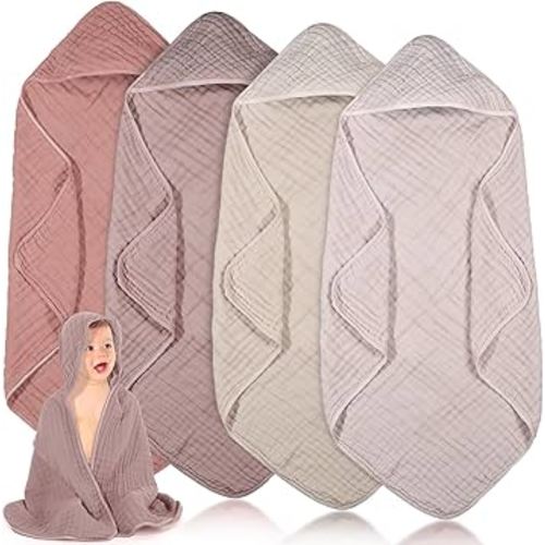 Peryiter 4 Pcs Muslin Hooded Baby Towels,32"x 32" Cotton Newborn Bath Towel Muslin Infant Baby Blankets Absorbent Unisex Newborn Registry Gift for Girls Boys (Beige Series)
