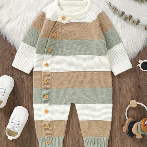 9-12 Months Baby Girl Boy Sweater Romper Striped Crew Neck Long Sleeve Full Length Jumpsuit for Fall Winter, for Outdoor