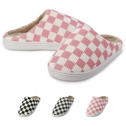 Slippers for Women Men with Memory Foam,Checkered Slippers for Women,Unisex Fuzzy House Shoes Slippers Outdoor Indoor,Plaid Scuff Slides,Comfy Slipper with Faux Fur Lining