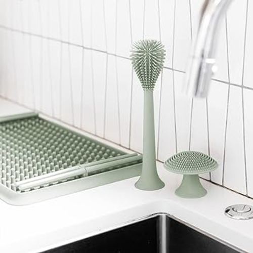 ezpz Kitchen Trio Set (Sage) - 100% Silicone + Suctions in Place Drying Rack + Adjustable Pegs +Bottle Brush +Mushroom Sponge with Suction Base- Dishwasher Safe- Durable- Long-Lasting