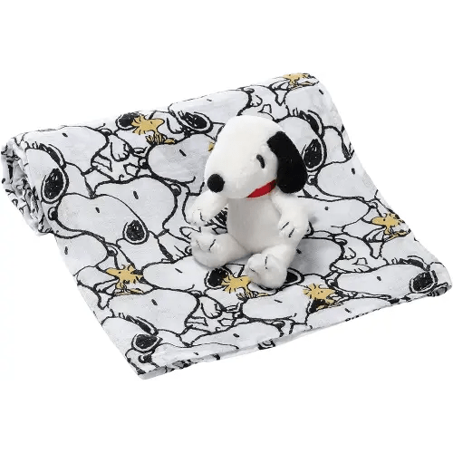 Lambs & Ivy Snoopy Muslin Swaddle Blanket & Mini Plush Newborn Baby Gift Set