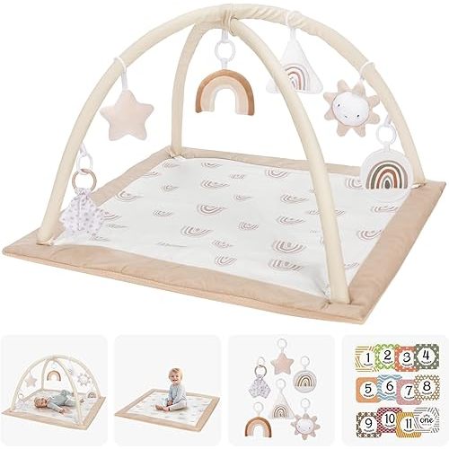 Washable Tummy Time Mat, Baby Play Gym with 6 Featured Toys and 12 Milestone Cards, Baby Gym for Infant & Toddler, Deluxe Larger Baby Play Mat, Baby Play Mats for Floor, Non Slip Mat