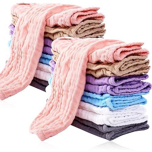 24 Pack Muslin Burp Cloths for Baby - Ultra-Soft 100% Cotton Baby Washcloths - Large 20'' by 10'' Super Absorbent Milk Spit Up Rags - Burpy Cloths for Unisex, Boy, Girl - Multicolor