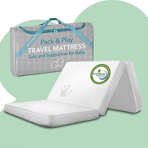 Foldable Travel Pack n Play Mattress Pad with Bag, Waterproof Portable Mini Crib Mattresses, Baby Bed Playpen Memory Foam Topper, Playard Pen Accessories, Traveling Case Included