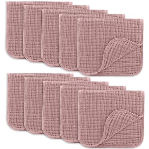 Comfy Cubs Muslin Burp Cloths Set (20”X10”, Pack of 10) - Large, 6-Layer, Ultra Absorbent 100% Cotton for Baby Spit-Up, Drool, and Messes - Soft, Gentle - Great, (Mauve)