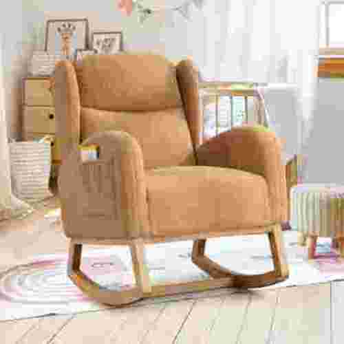 Muumblus Wingback Glider Rocking Chair for Baby Nursery, Adult, Indoor, Wood Legs, Khaki Teddy